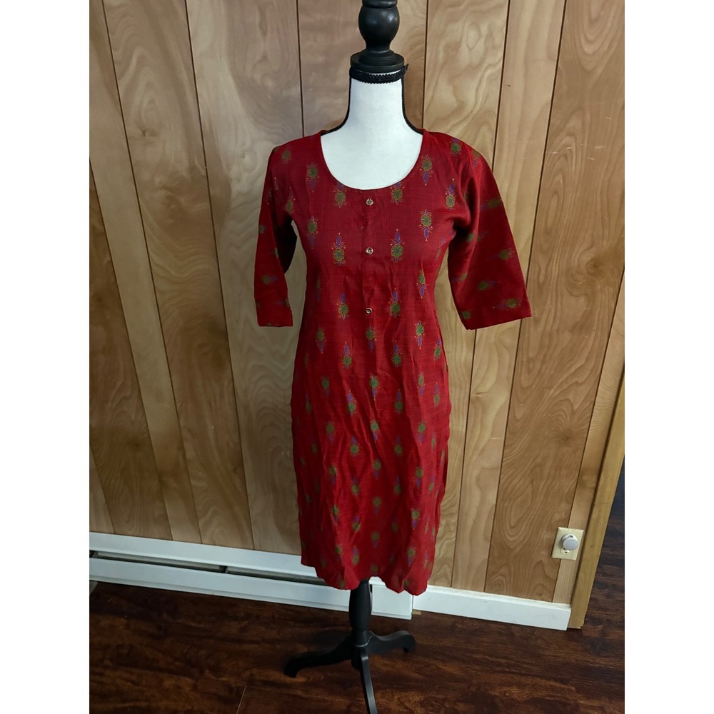 Red Ethnic Print Kurti Tunic Top Three Quarter Sleeve Size 40 Indian Wear